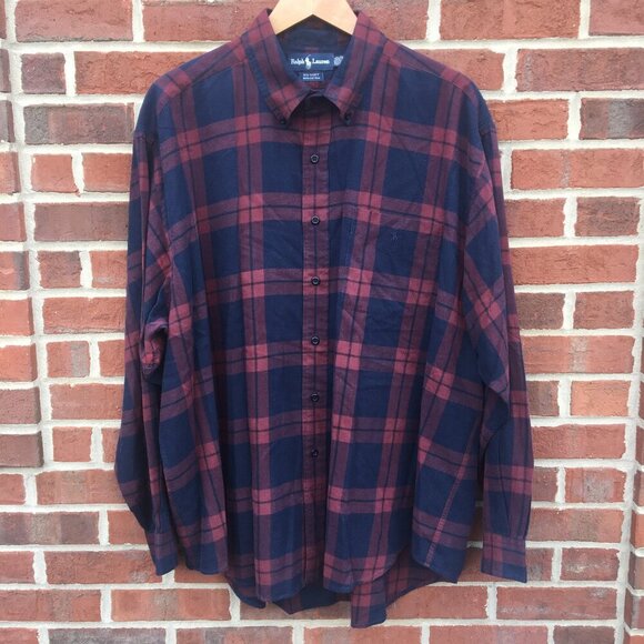 Ralph Lauren Big Shirt Button Down Mens XL Burgundy Navy Tartan Plaid Navy Pony - Picture 1 of 7